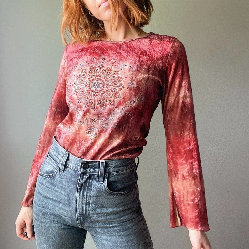 Vintage Y2K Beaded Sun Velvet Tie Dye Flare Sleeve Top
